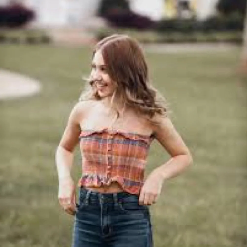 Sz M American Eagle smocked strapless tube top ruffled plaid linen warm tone